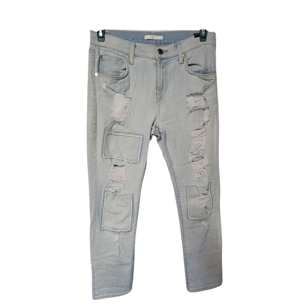 ✨7 For All Mankind Distressed Patch Boyfriend‎ Jeans 26 Rigid Light Washed Denim